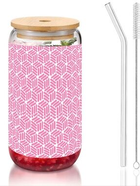 Reusable Glass Drink Jar with Pink Geometric Sleeve & Bamboo Lid